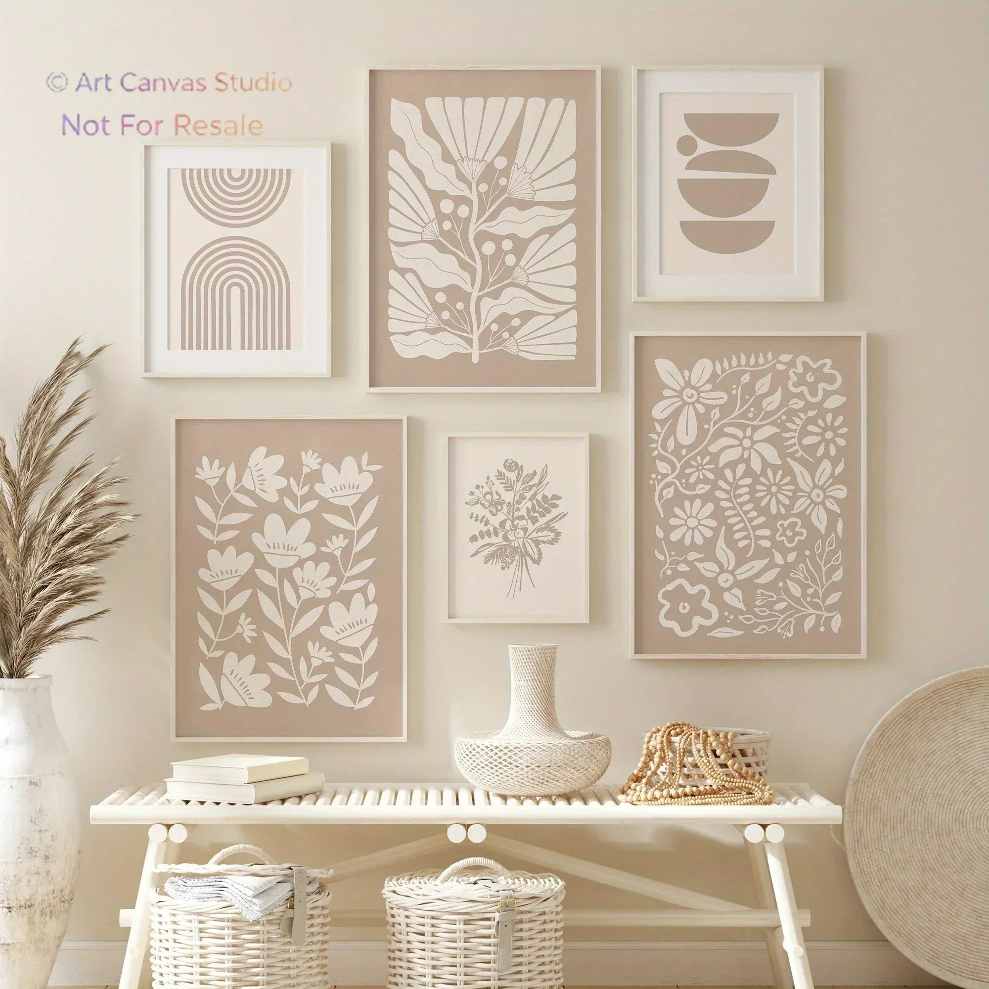 Neutral Plant Tilted Its Head, Gallery Wall Nodded – Beige Boho Abstract Frameless Canvas for Modern Gallery Wall Decoration