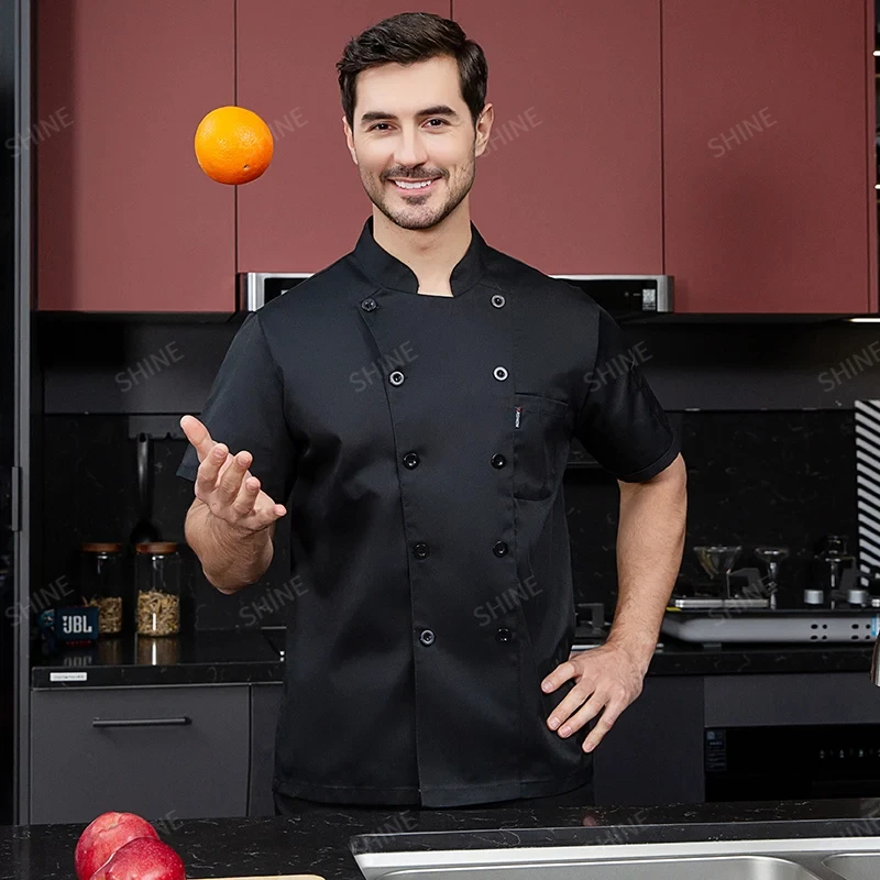 Cucina hotel Uniforme da chef nera Panetteria Cuoco bianca Giacca da cuoco a maniche corte T-shirt Abito da cuoco nero traspirante Servizio di ristorazione