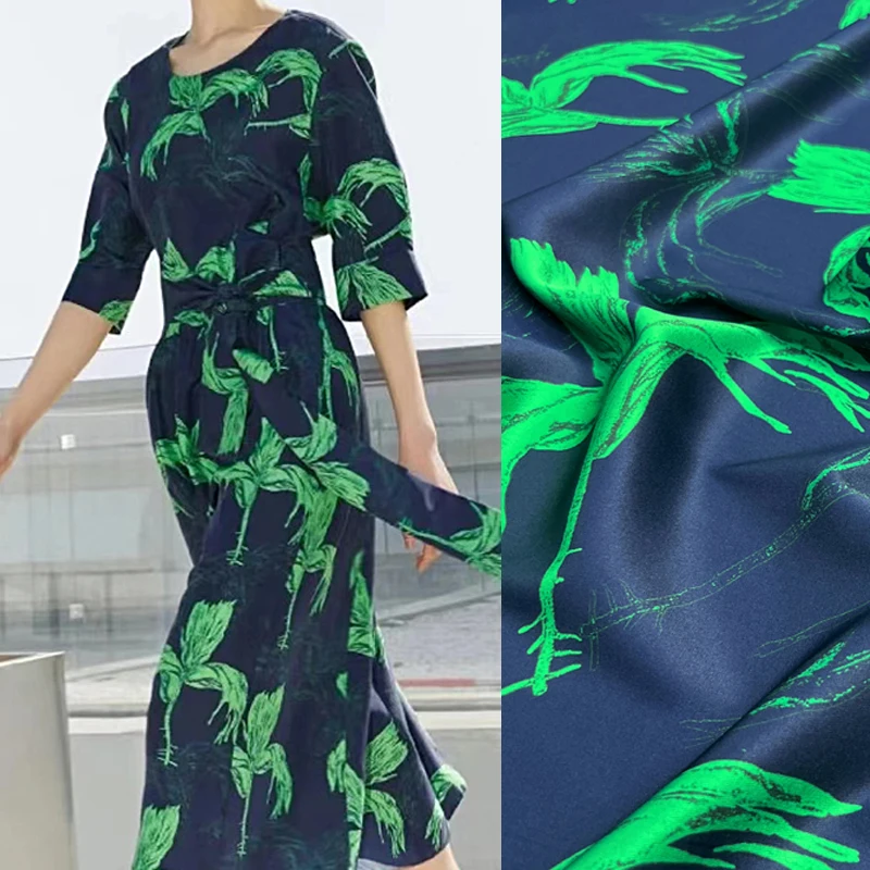 

140CM Wide-20MM Thick-Green Lilies Print Twill Silk Fabric for Summer Pants Dress-Stretch Comfortable Blue Silk Fabric D1611