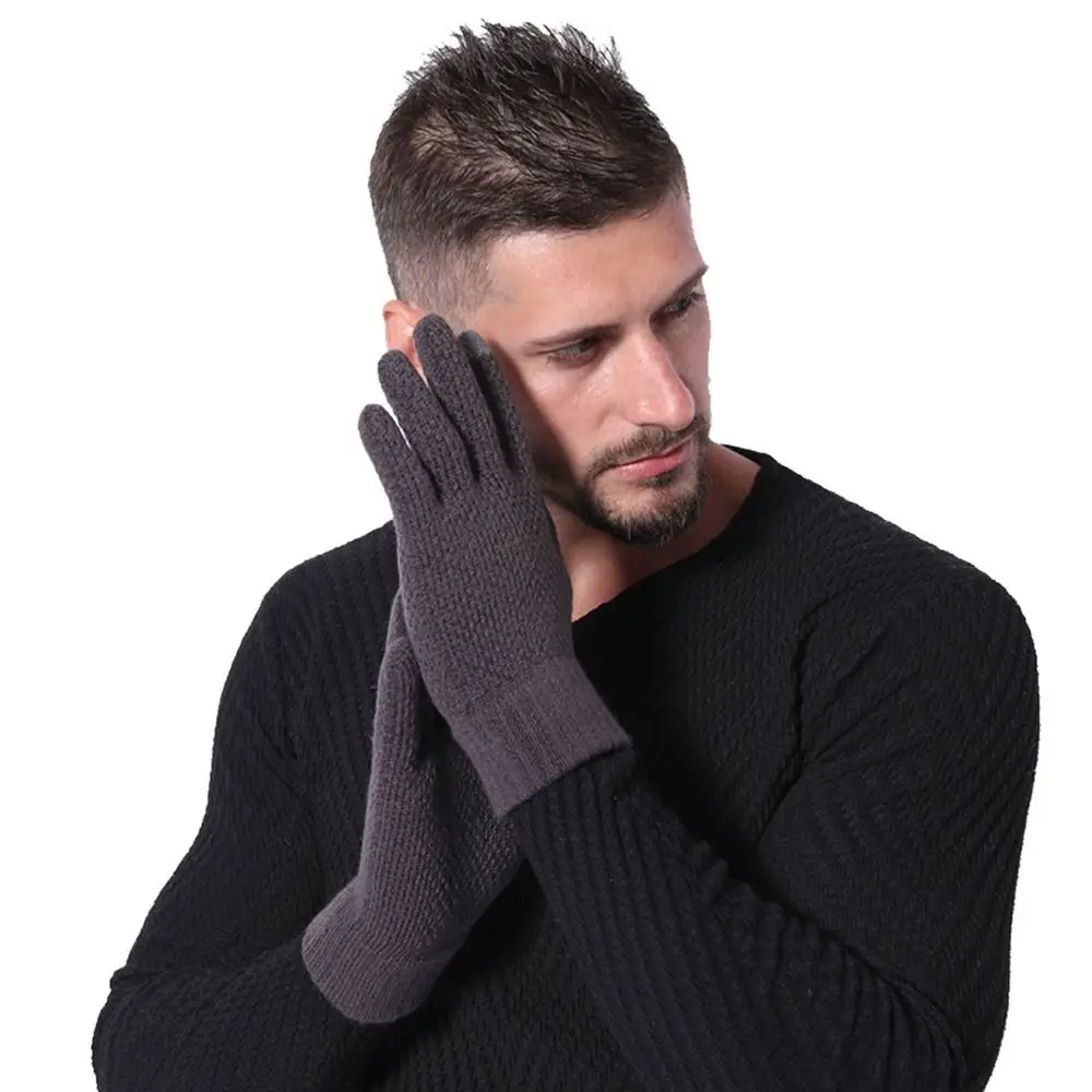 Casual Wool Men Knitted Gloves Thick Windproof Cold Proof All Finger Gloves Touch Screen Warm Gloves for Outdoor Travel