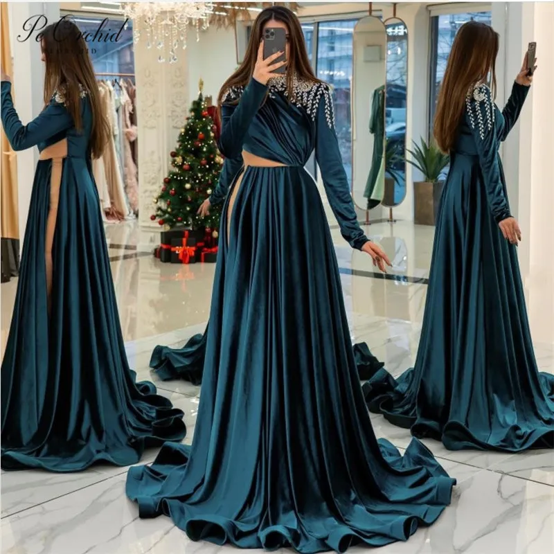 PEORCHID 2023 Luxury Evening Dress Crystal Beads For Women Dubai Elegant Formale Anlass kleider Long Sleeves Evening Gowns