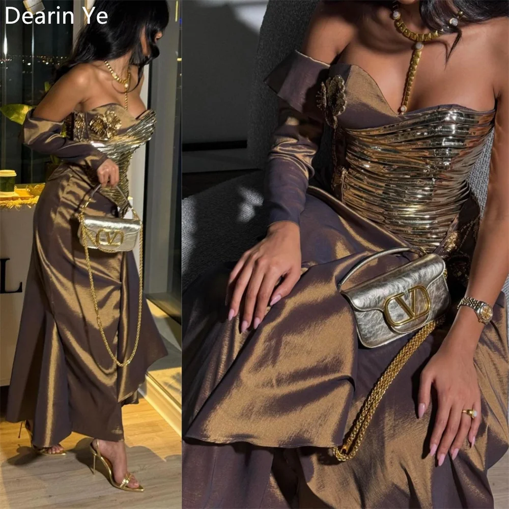 

Customized Saudi Arabia Prom Gown Dearin Off-the-shoulder A-line Ankle Length Skirts Shirred Layered Handmade Flower Bespoke Occ