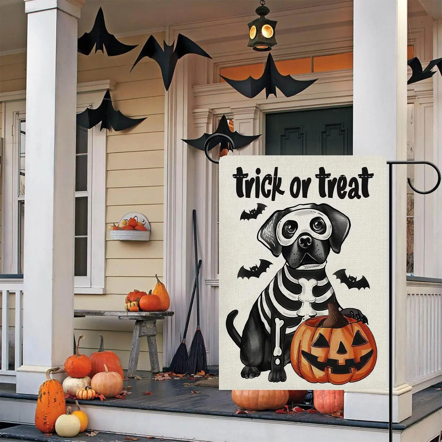 Dyrenson Halloween Ghost Dog Decorative Garden Flag, Trick or Treat Black Labrador Skeleton Skull Yard Outside Home Decorati KZA
