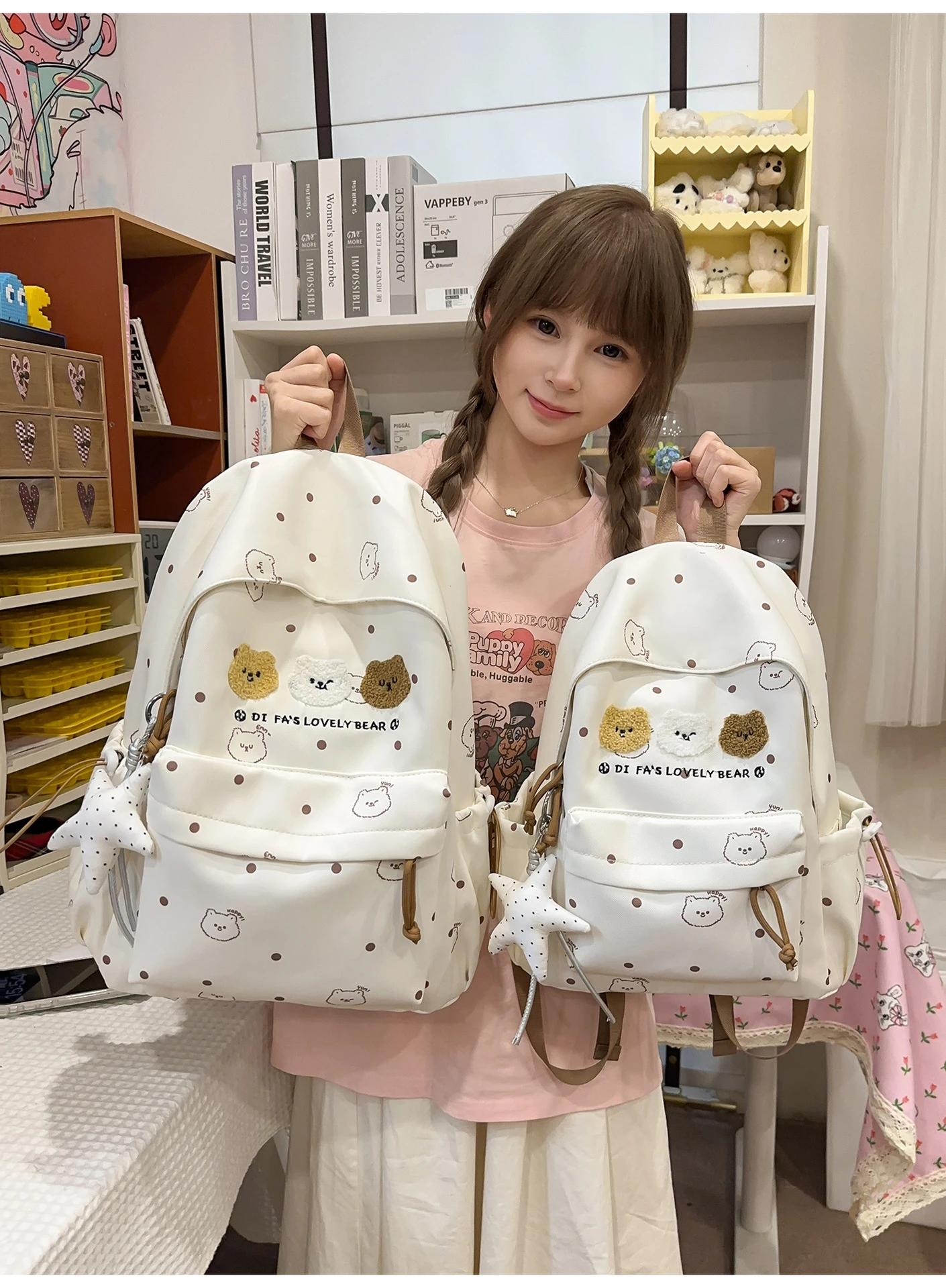 Neuer Studenten-Tagesrucksack aus Canvas für Damen mit Punktdruck und Flauschigem Bären-Patch, Leichte Schultasche für Teenager mit Stern-Anhänger – Detail 18