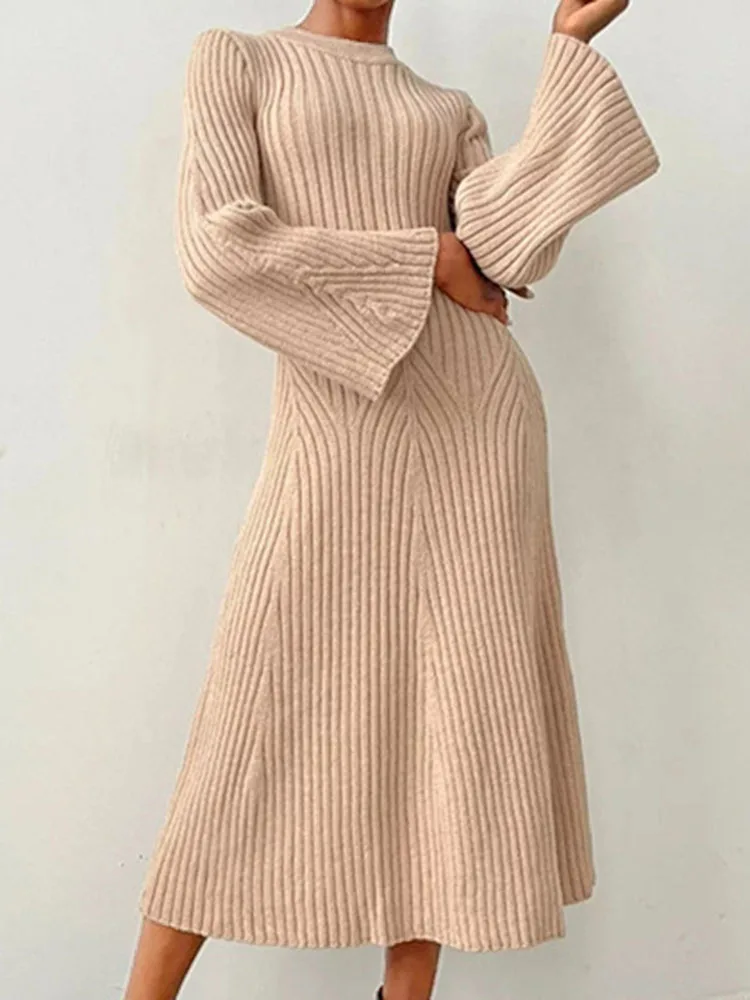 

Elegant Knitted Sweater Dress Women Autumn Winter Long Sleeve Knitwear Dress Female Fashion Casual Solid Color Slim Long Dresses