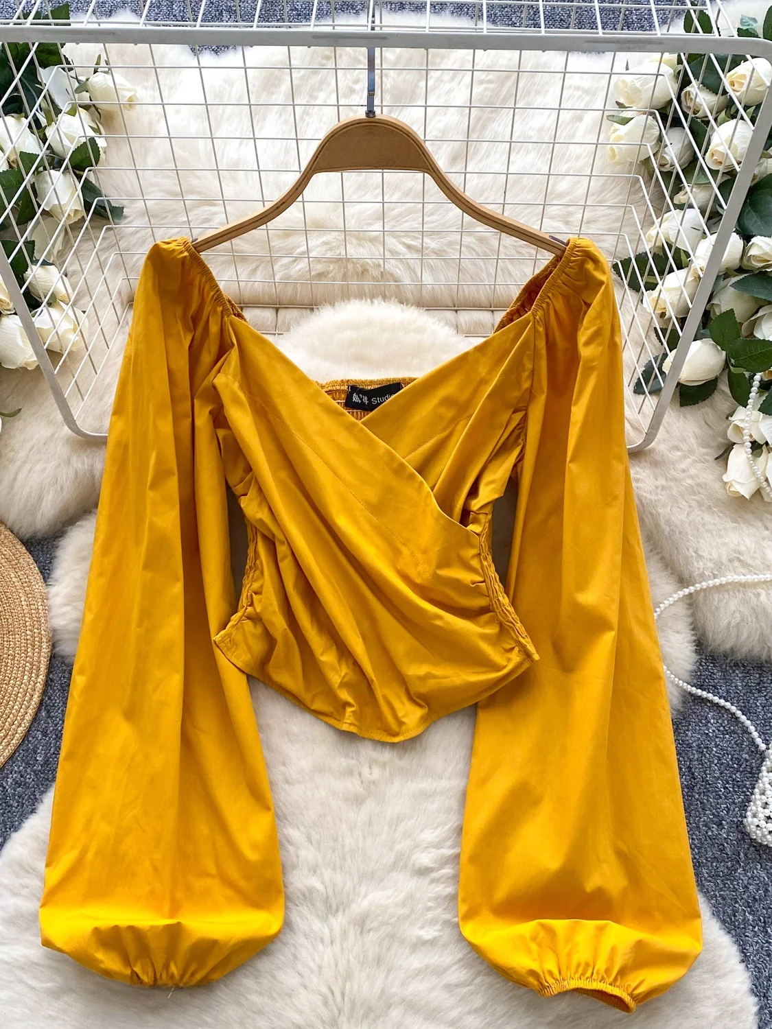 Ele One-Soulder Bubble-Slee Top Damen Cross-Ne Leicht Herbst Faionable Atmungsaktive Polyesterfaser Lange S...