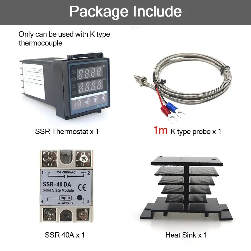 REX-C100 Digital PID Temperature Controller 40DA SSR Output Thermostat With K Thermocouple Probe Heat Sink