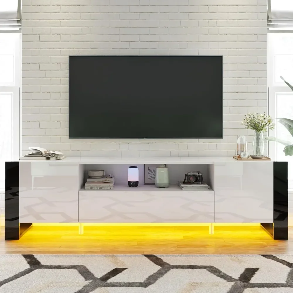 70" High Gloss TV Stand with Storage for Living Room, LED Entertainment Center for Bedroom, Wood U-Shaped Legs TV Cabinet