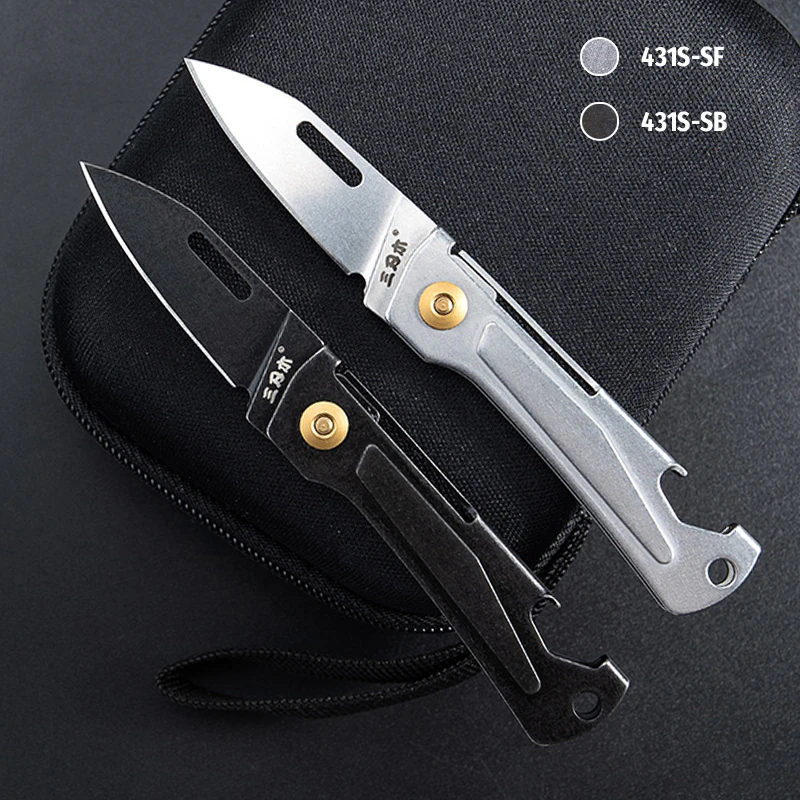 SANRENMU 431S Folding pocket knife 12C27 blade mini Portable EDC outdoor camping bottle opener Keychain hole knife