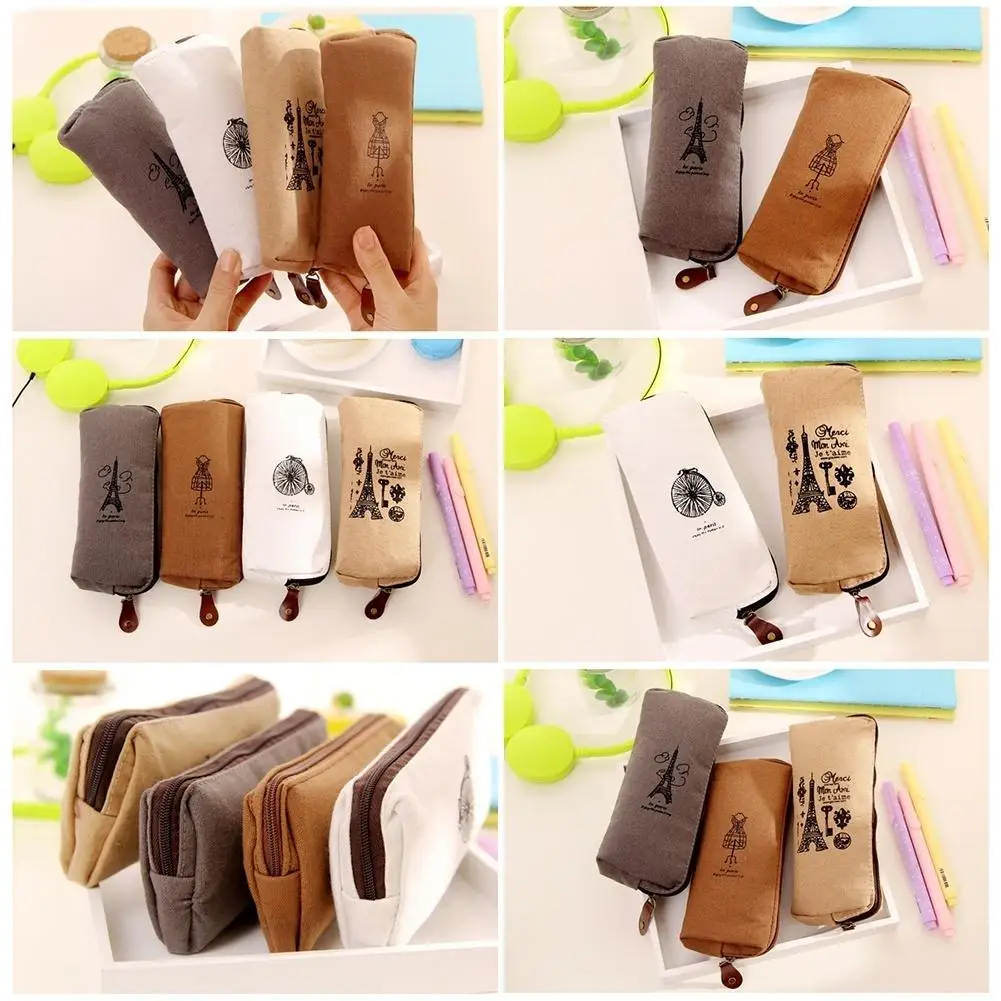 Multi Color Linen Retro Practical Stationery Study Article Pen Holder Student Pencil Case Zipper Bag