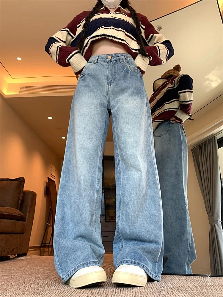 Women's Grinding White Scratch Pattern Blue Jeans High Waisted Straight Vintage 90s Trouser Streetwear Casual Y2K Denim Pants