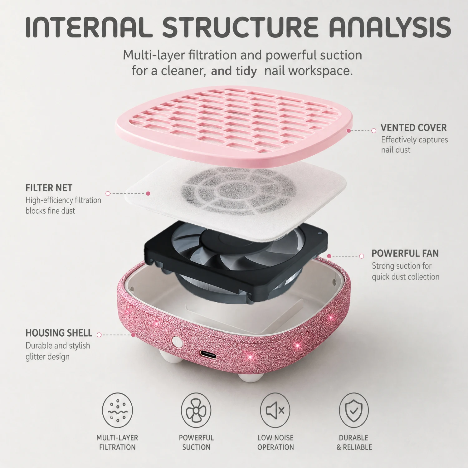 858‑M3 Nail Dust Collector, High‑Suction Low‑Noise Nail Vacuum Cleaner, Rhinestone‑Decorated Shell, Type‑C Power Supply, One‑Touch Switch, Removable Filter Cover, Comes with 10 Filter Papers, For Salon & Home Nail Art 8