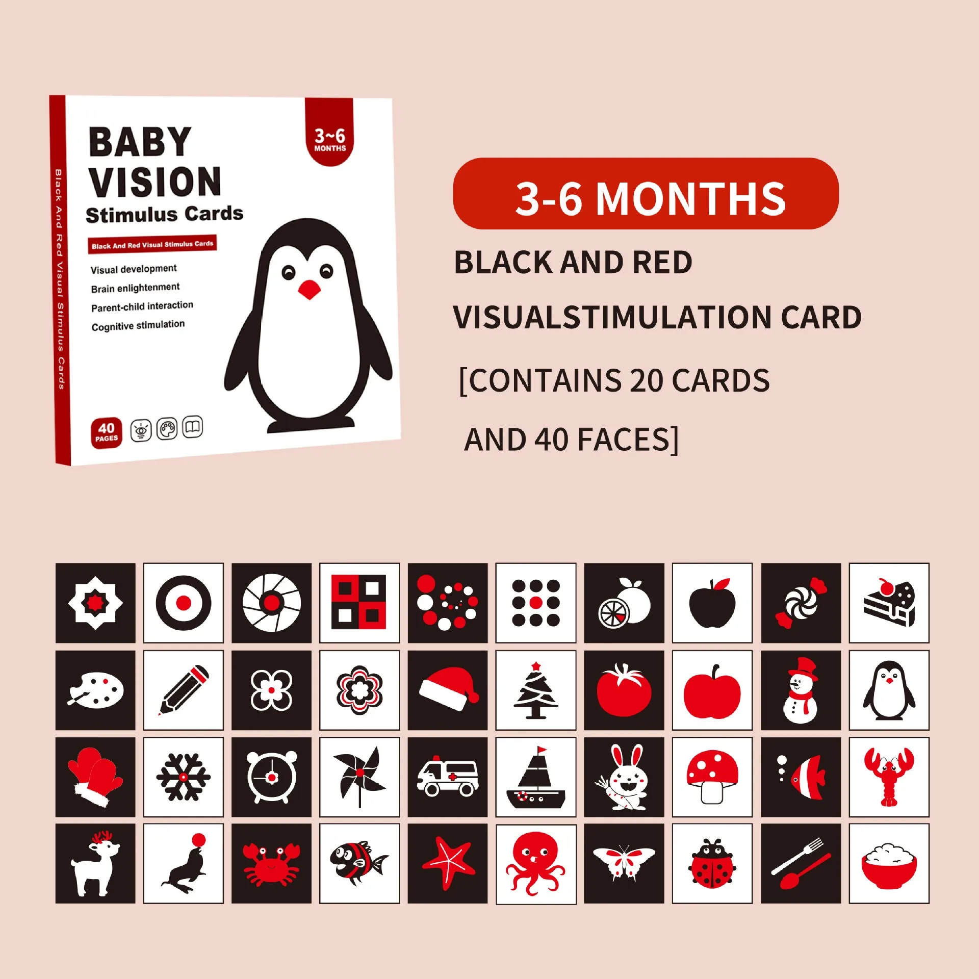 Montessori 0-36Month Baby Vision Stimulation Cards Black and White Contrast Cards Stimulate Newborn Visual Early Learning Toys