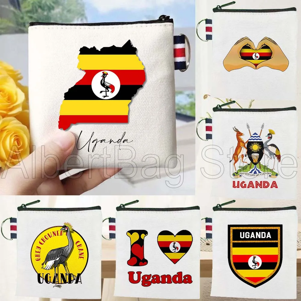 

African Uganda Country National Map Flag Gifts Canvas Key Coin Purse Small Square Cotton Bag Storage Card Wallets Holders Pouch