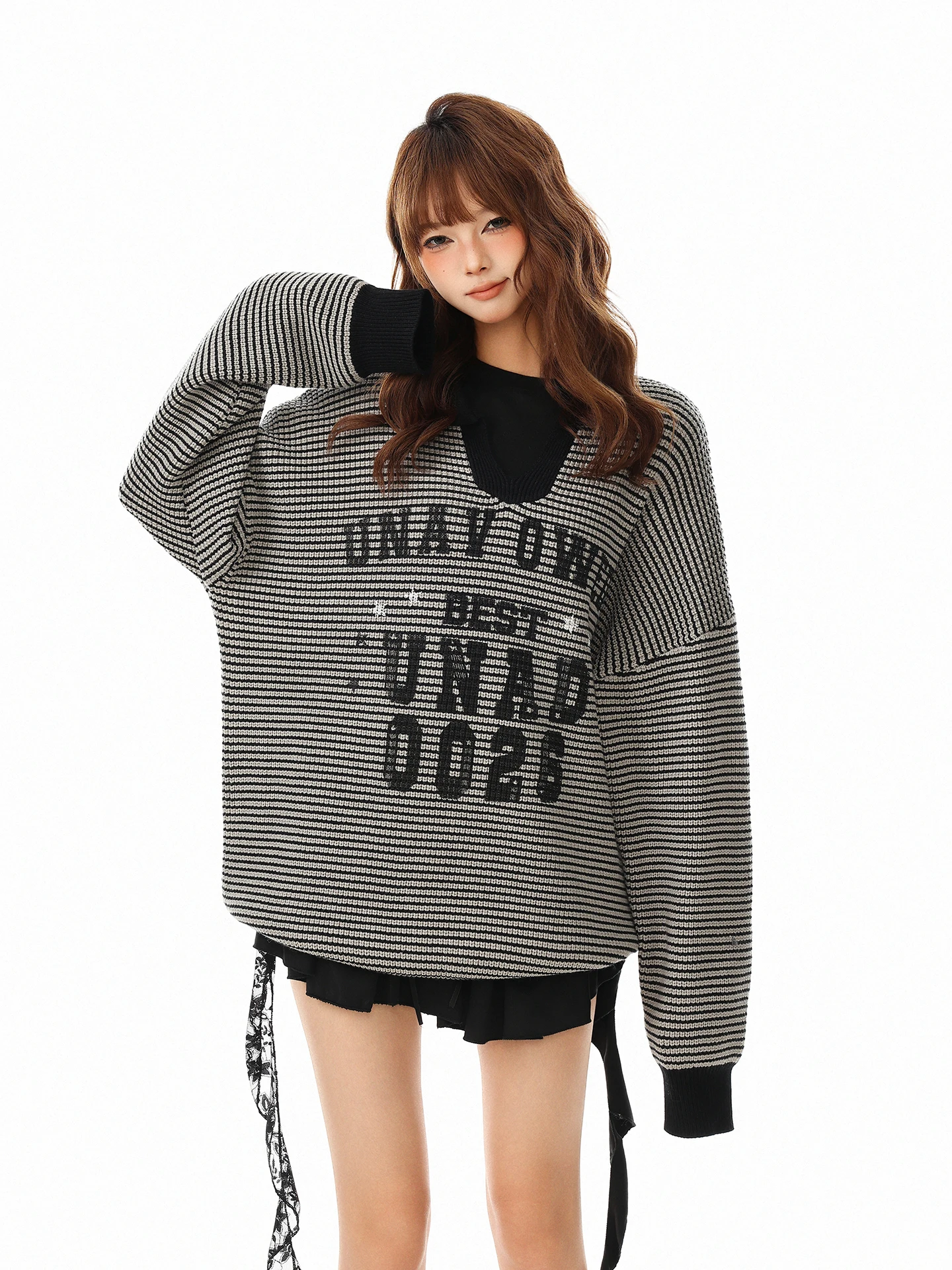 

Boeax American Retro Letter Embroidery Color Blo Sweater Women's Casual Knitted Winter New Sle Loose Fit Autumn Winter