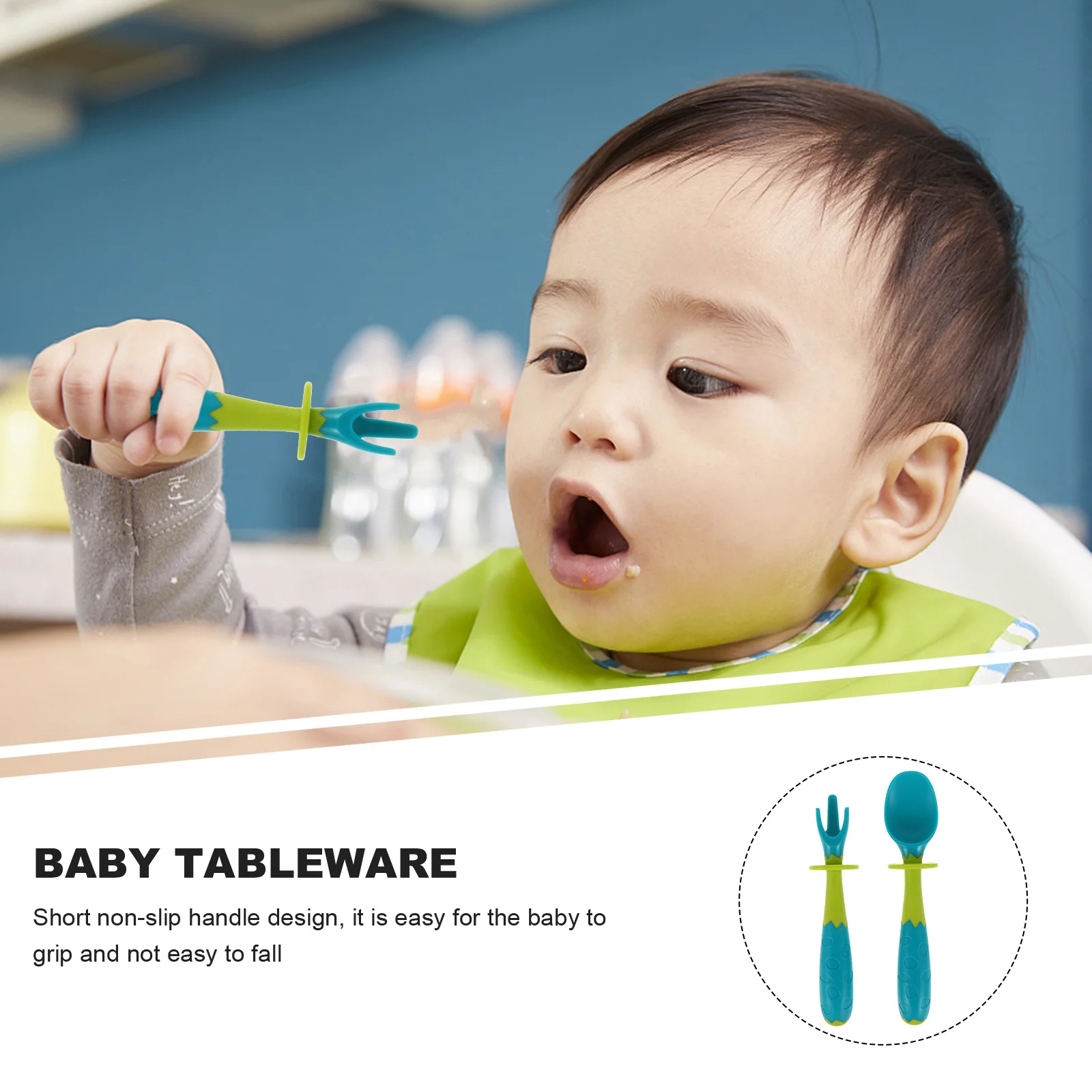 

1Set Training Tableware Curved Spoon Fork Baby Grip Short Nonslip Handle Learning Tableware for Toddlers Training Spoon