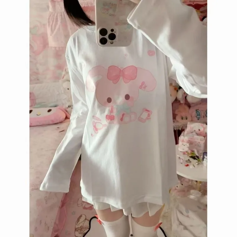 

Японская милая футболка с принтом кролика и рисунком субкультуры, свободная повседневная футболка, женские футболки в стиле Харадзюку Kawaii, универсальные топы в консервативном стиле