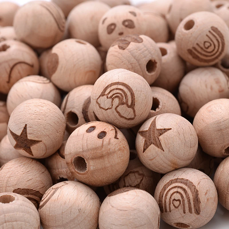 50Pcs 16mm Two-sided Printed Beech Wooden Beads Rainbow Animal Pattern Round Teether Beads for Pacifier Chain Teething