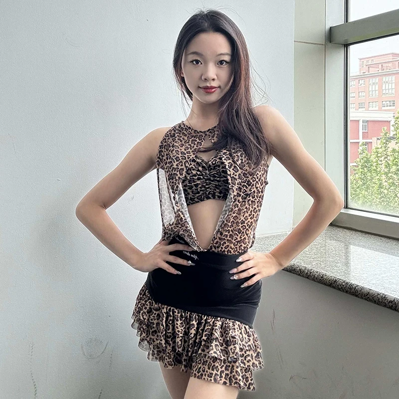 

2025 New Lain Dance Performane Costumes For Women Leopard Print Top Skirt Practice Suit Chacha Rumba Tango Latin Dress DQS19745
