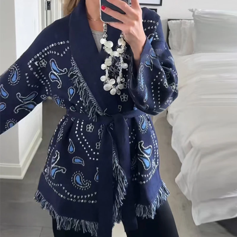 

Женский повседневный праздничный свитер с длинными рукавами, пальто, модные куртки с кисточками в стиле пэчворк, элегантный вязаный кардиган на шнуровке с v-образным вырезом