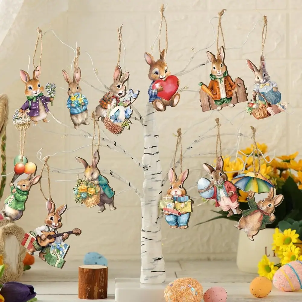 12/24/36Pcs 2D Rabbit Hanging Ornament Wooden Handmade Easter Rabbit Pendant Easy to Hang Bunny Props Hanging Pendant Home Decor