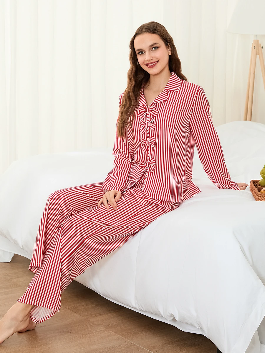 Women 2 Piece Pajamas Set Cute Bow Long Sleeves Shirt and Elastic Pants for Loungewear Soft Sleepwear