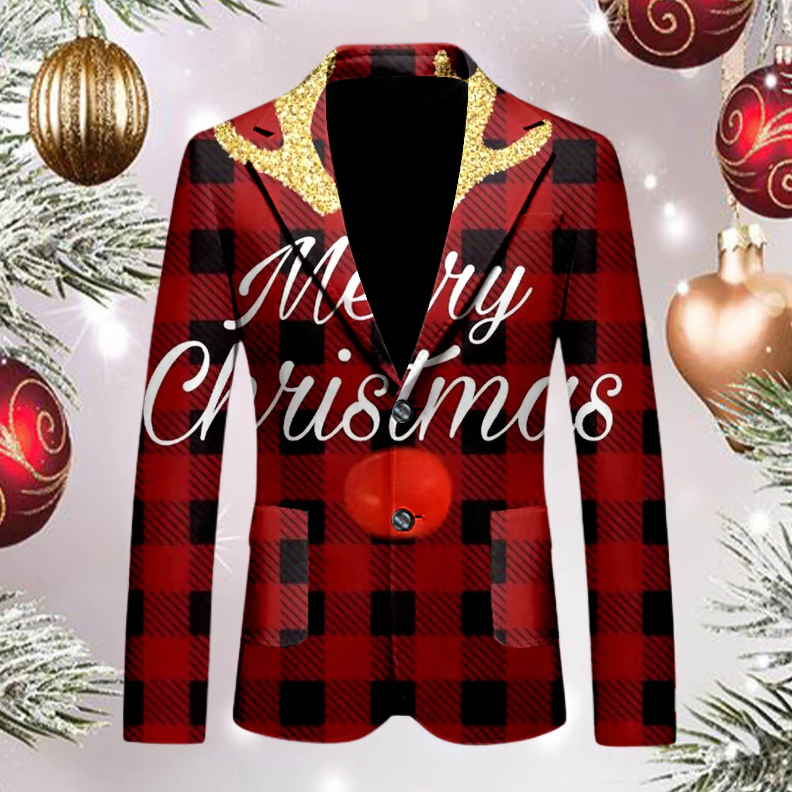 Men\'s Christmas Snowflake Elk Print Blazer Jackets With Pocket Elegant Slim One Button Suit Coat Plus Size Party Outwears