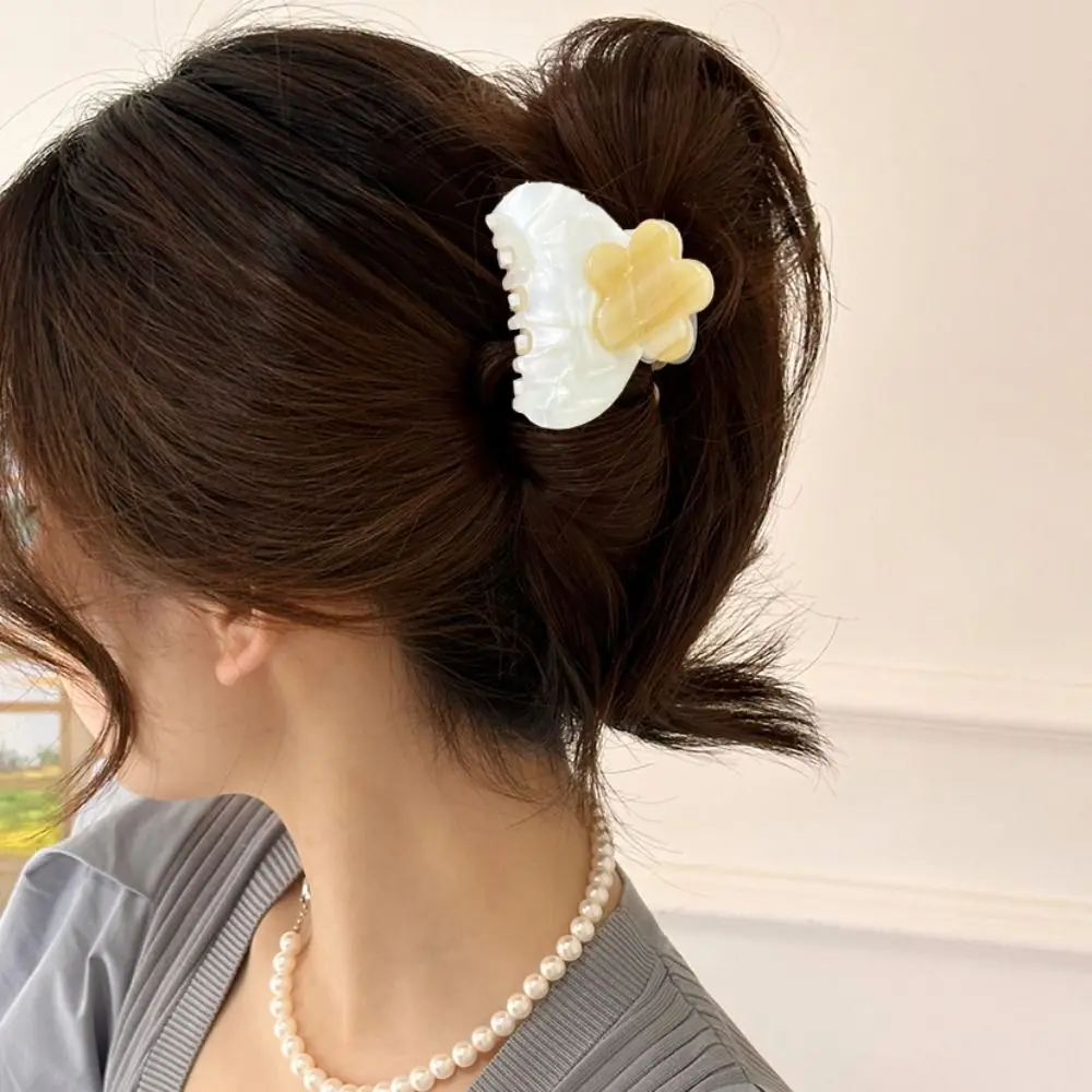 エレガントな酢酸フラワーヘアクロー、小さめ韓国風フレンチシャーククリップ、ハイポニーテールクリップ、アセテートフラワーヘアクランクリップ、デイリー