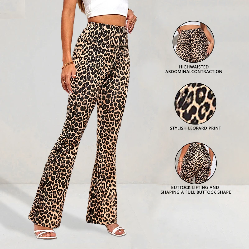 Women Leopard Print Wide-leg Yoga Leggings High Waist Hip Lift Breathable Sports Flared Trousers Running Gym Fitness Pants