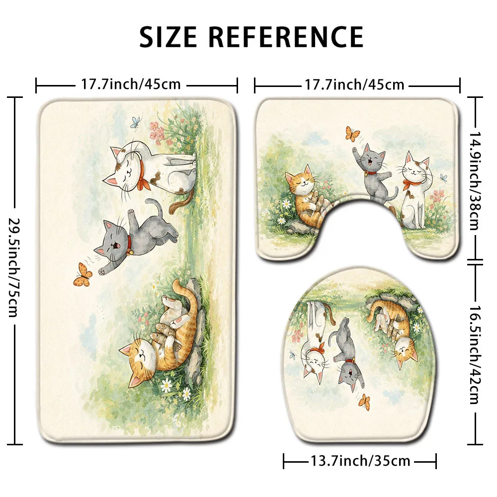Cute Cat Family Bathroom Rug Set 3 Pieces Watercolor Animal Bath Mat for Bathroom Decor Home Gift