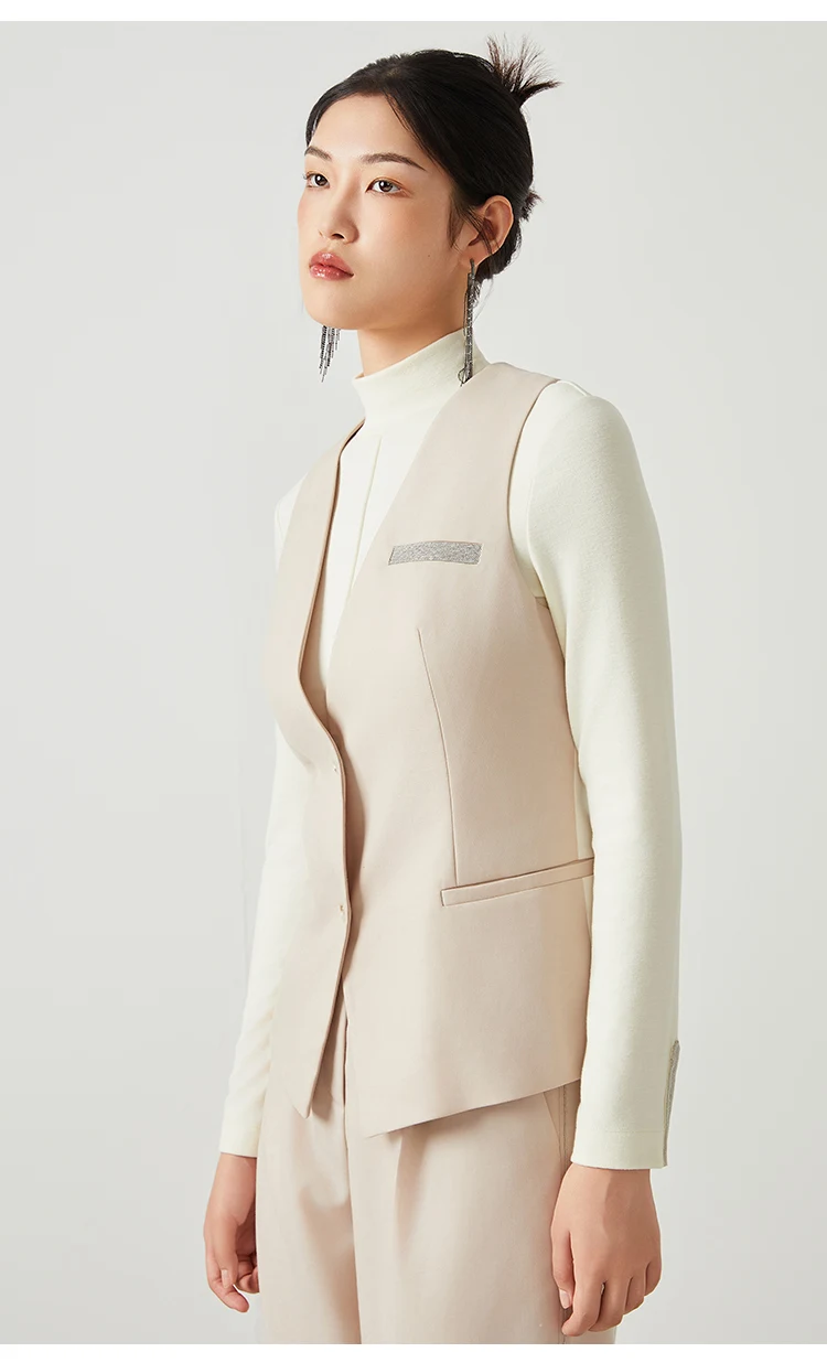 K2548W Damen Ärmellose Weste aus Wollmischung mit V-Ausschnitt und Knopfleiste, tailliert, für Büro, als Layering-Oberteil – Detail 9