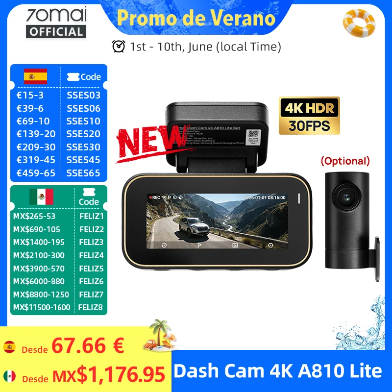 70mai Nueva Cámara para Coche Original 4K A810Lite HDR con Supercondensador, 4G LTE, Control Remoto, Wi-Fi 6, GPS y Control por Voz, DVR para Coche 70mai A810Lite