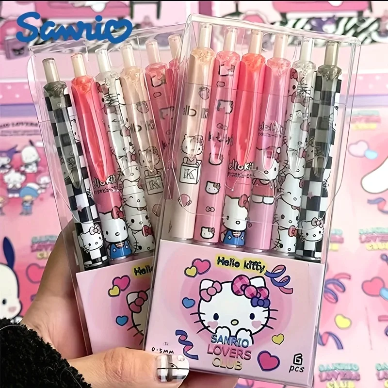 6pcs Cute Hello Kitty Sanrio Series Click Pen, Student Exquisite Soft-Grip Brush Pen, Smooth Tip Gel Ink Pen, Rollerball Pen