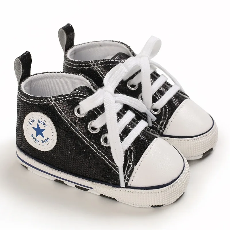 Yibubu Black Baby Shoes Bling Canvas Infant Baby Girls Shoes Lace-up Sneaker Soft Sole Anti-slip Toddler First Walkers