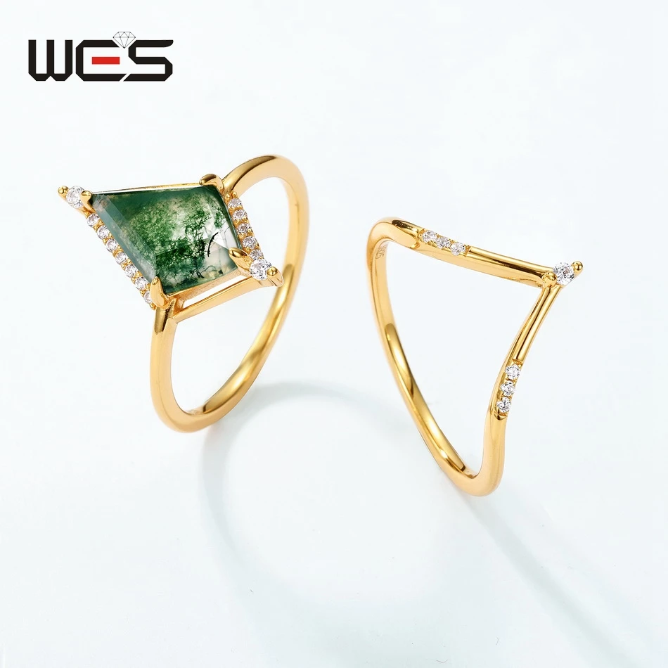 WES 925 Sterling Silver Natural 8*12mm Moss Agate Ring Set for Woman Wedding Romance Certified Jewelry Wholesale Gold Plated