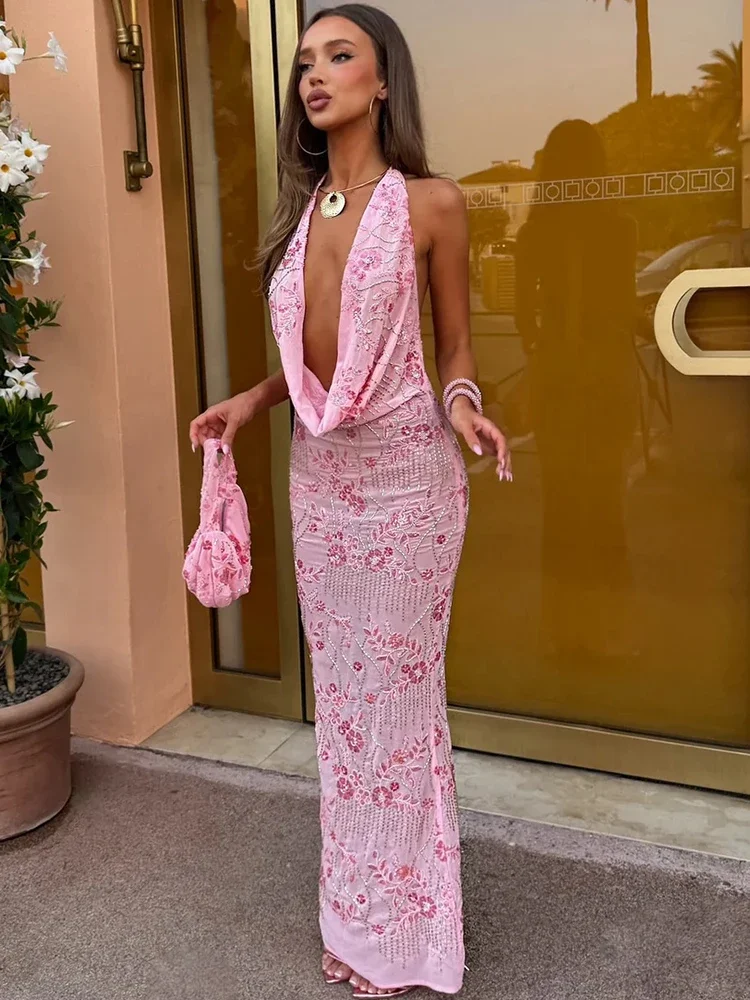 Sparkle Backless Sexy Maxi Dress Women Gown Elegant Halter Deep V Neck Sleeveless High Waist Bodycon Club Party Dresses