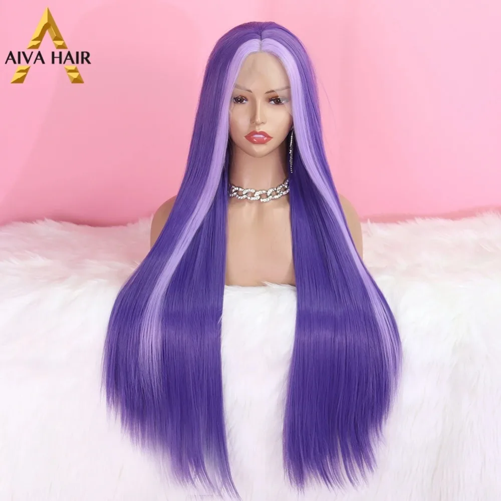 AIVA Highlight Purple Synthetic Lace Front Wig Glueless Red Pink Lace Front Wig Drag Queen Heat Resistant Cosplay Wigs for Women