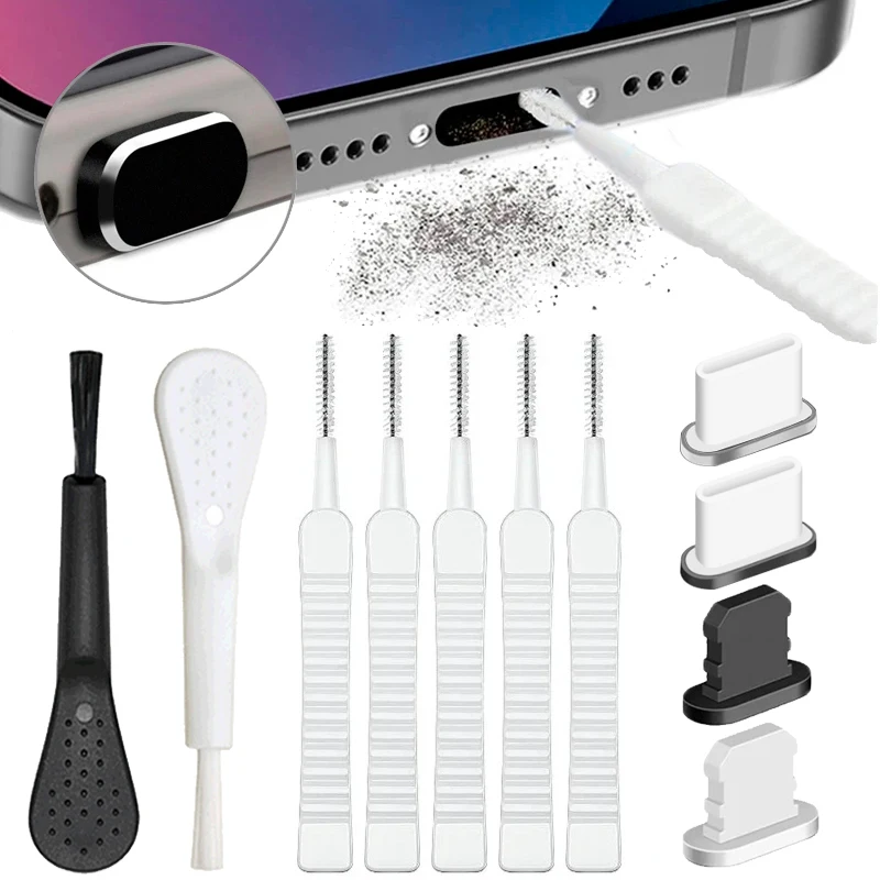 Cell Phone Charging Port Dust Plug with Cleaning Brush for IPhone 15 14 13 12 Pro Max Plus Samsung Xiaomi IOS Type C Cleaner Set
