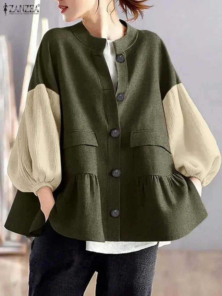 

ZANZEA Autumn Long Sleeve Fashion Shirts Women Color Patchwork Blouse 2025 Winter Lantern Sleeve Casual Tops Tunic Oversized