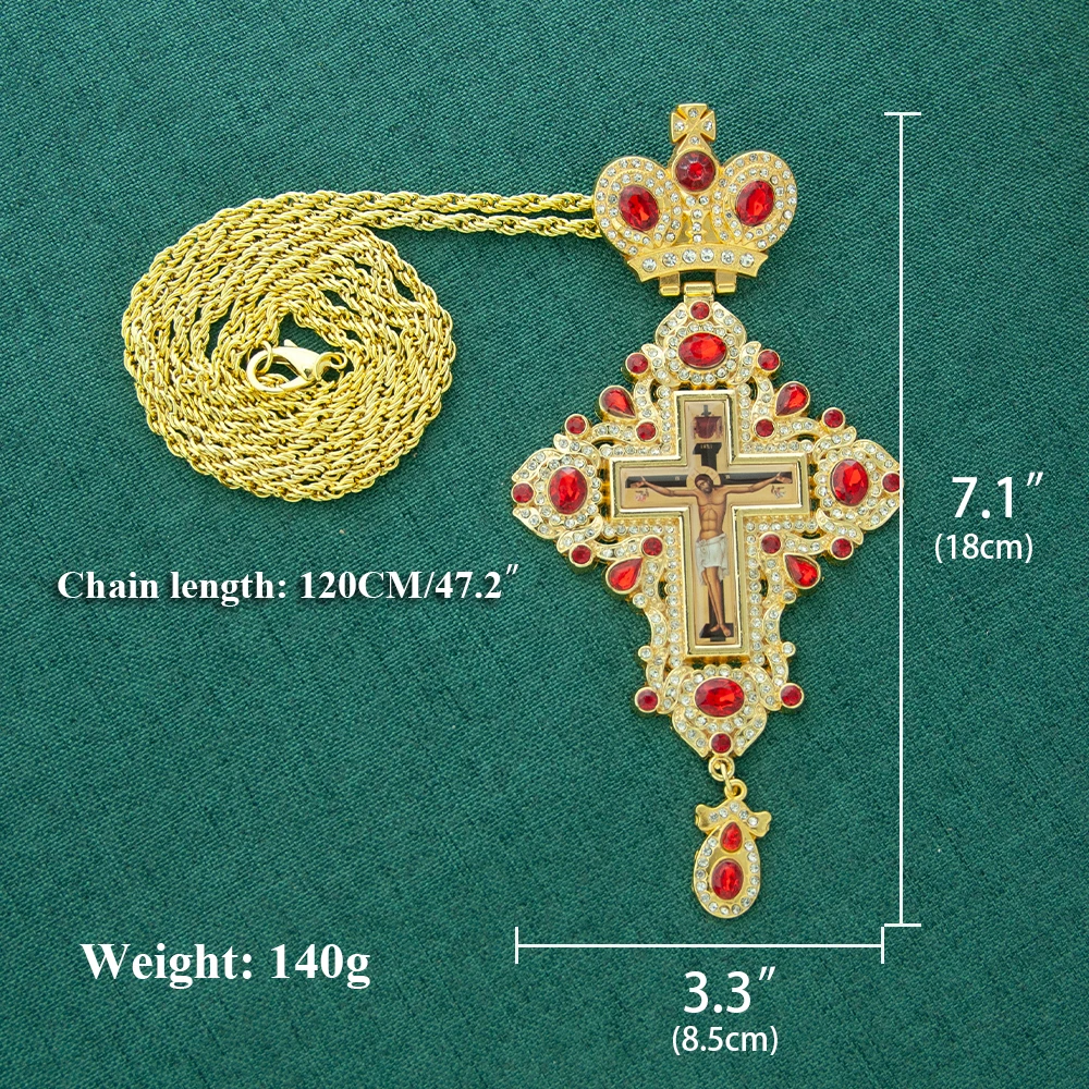 Gold Plated Crown Top Pectoral Orthodox Cross Red Blue Green Rhinestone Jesus Icon Priest Liturgical Pendant Necklace Worship