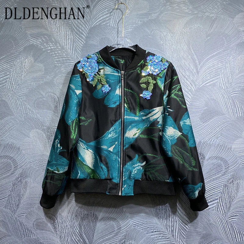 

DLDENGHANAutumn Sequins Beading Jacket Women's O-Neck Long Sleeves Pockets High Street Print Coat Fashion Designer