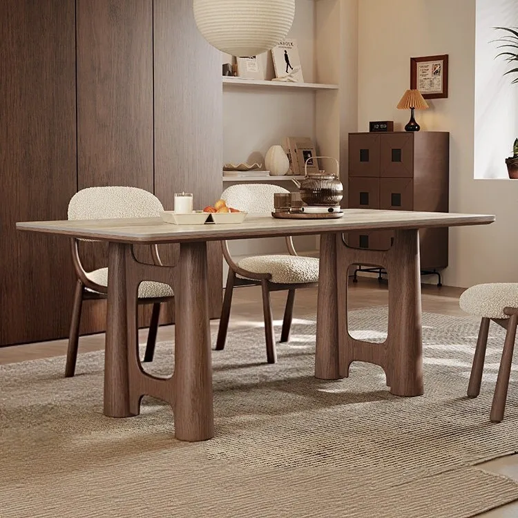 

HYS medieval style solid wood dining table wabi sand wind desk tea table household retro style desk negotiation travertine