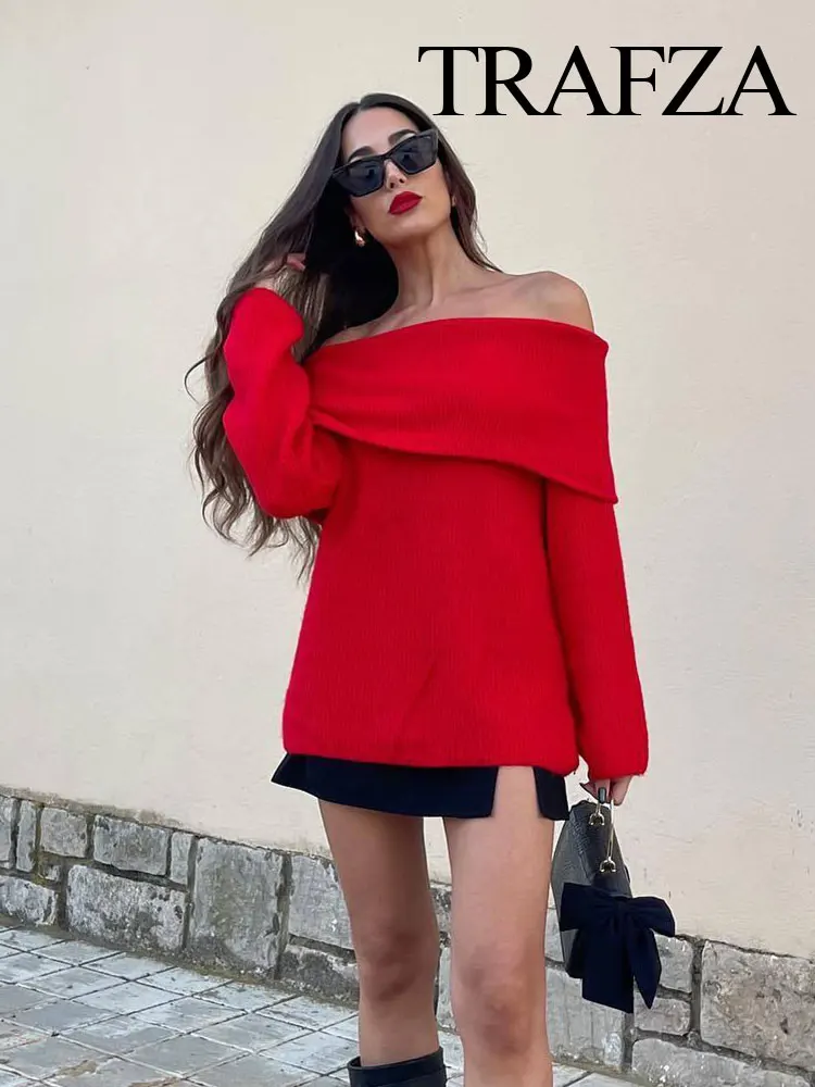 TRAFZA Spring Women\'s Sexy One Shoulder Lapel Knitted Sweater Vintage Long Sleeve Folding Slim Fit Pullover Women\'s Street Top