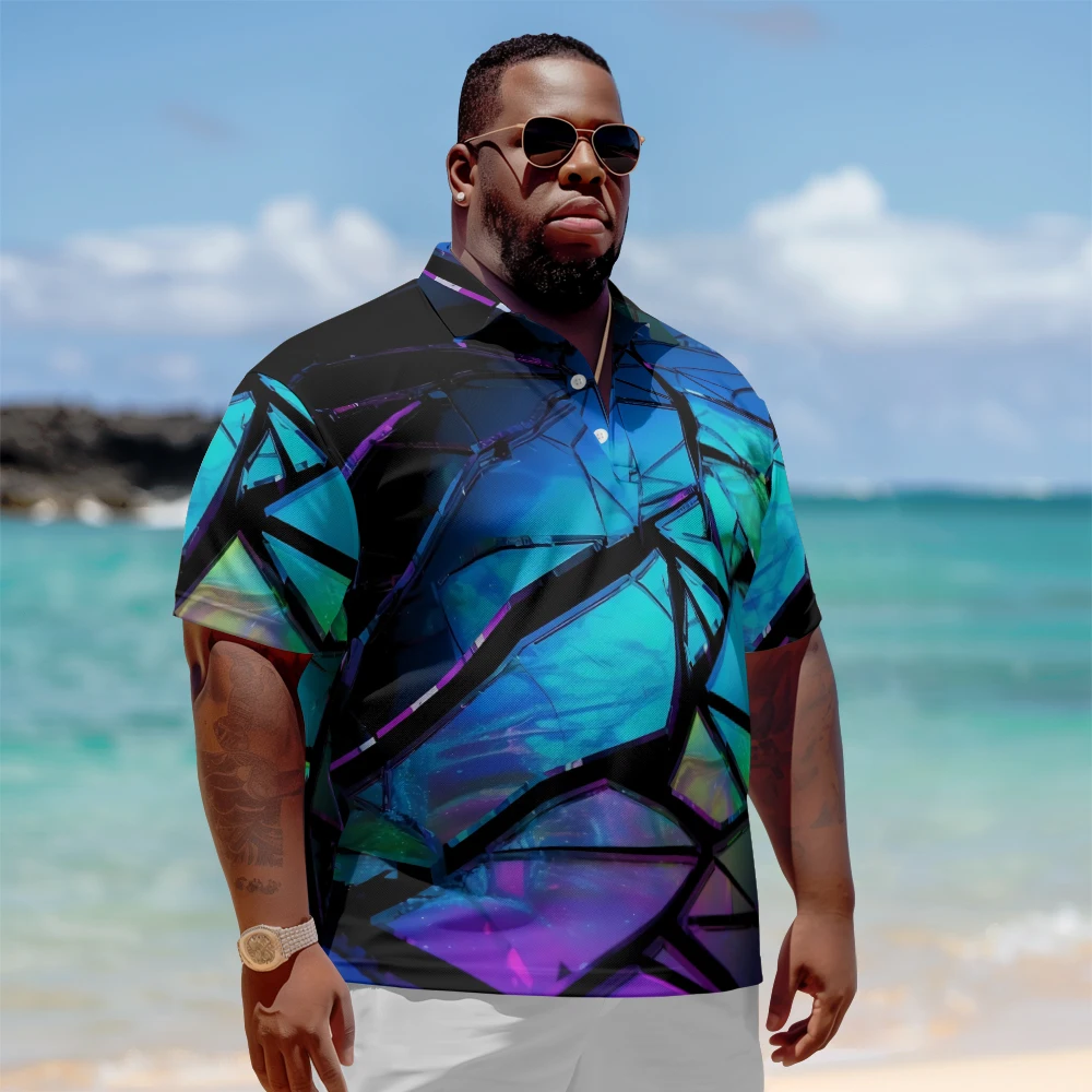 

1 men's plus size polo shirt with split glass mirror print for summer, casual lapel button suitable for shopping and golf