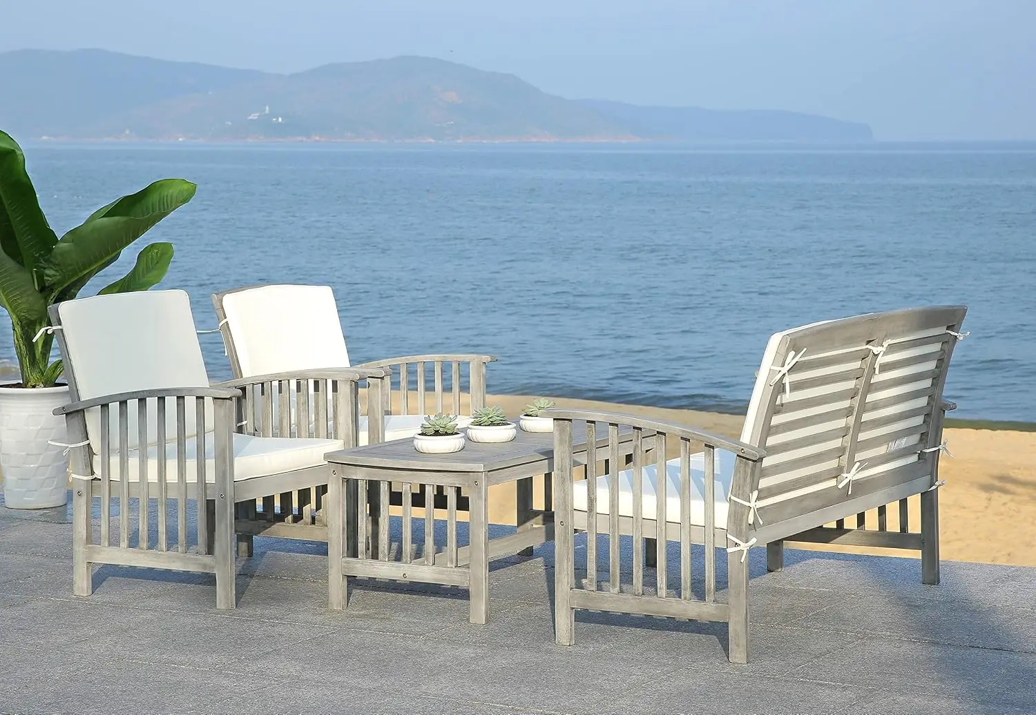 Outdoor Rocklin Grey Wash Beige 4-Piece Patio Conversation Set with Cushions, Customized