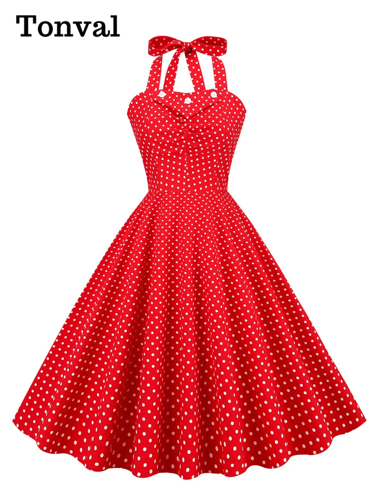 

Tonval Halter Neck Button 50s Pinup Polka Dot Lace-Up Back Corset Dress Vintage Party Women Backless Cotton Elegant Red Dresses