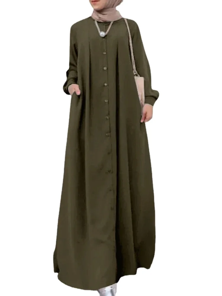 

5xl Muslim Long Dress Women Sleeve Buttons Sundress Vintage Hijab Plus Size Casual Islamic Clothing Caftan Robe