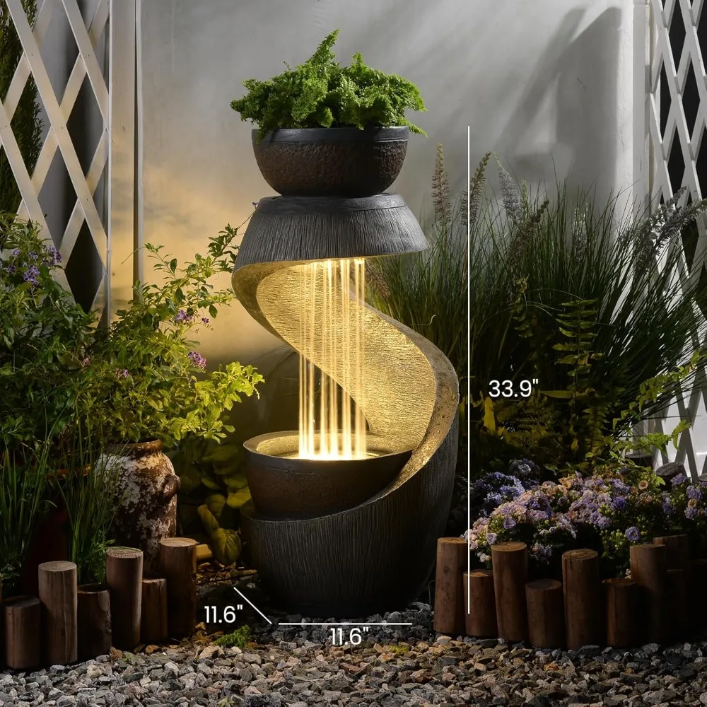 ميزة مياه خارجية نافورة فناء مع أضواء LED، نافورة شلال حديقة من الراتنج 31.9 خارجية، تصميم عصري على شكل حرف S #3