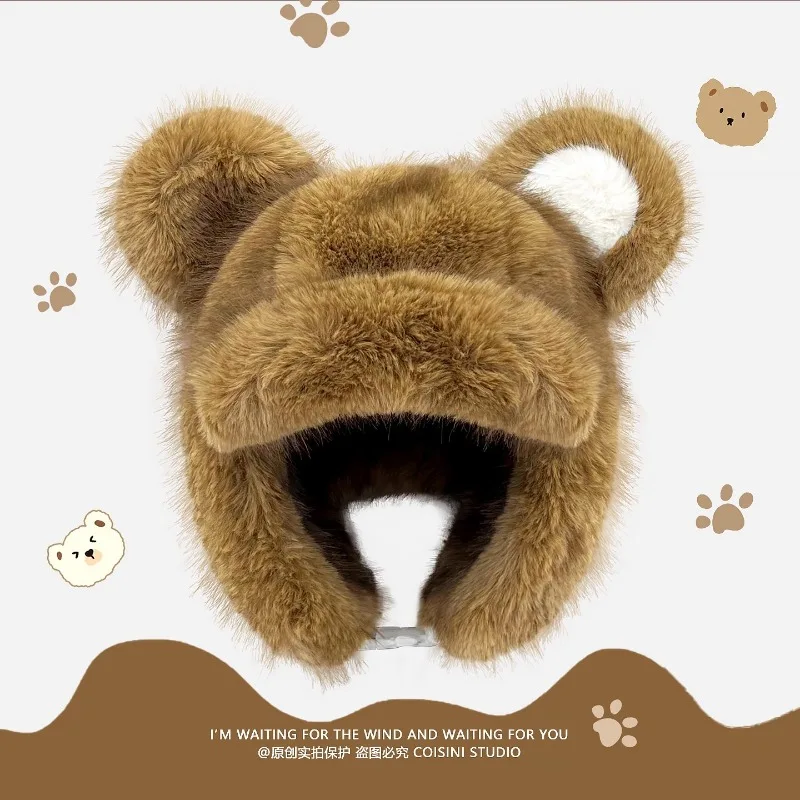 

Милые медвежьи уши, плюшевые шапки-ушанки Lei Feng для женщин, осенние и зимние уличные лыжи, утолщенные теплые забавные шапки-бомберы для мужчин