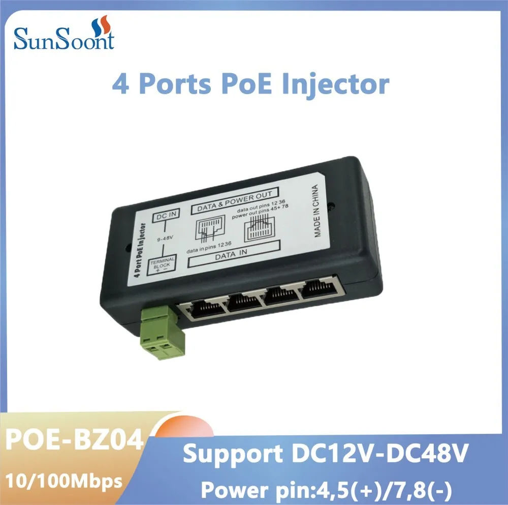 

4-портовый PoE-инжектор PoE-адаптер питания Ethernet-контактный разъем 4,5 (+)/7,8 (-), вход DC12V-DC48V для IP-камеры с 802.3af/at